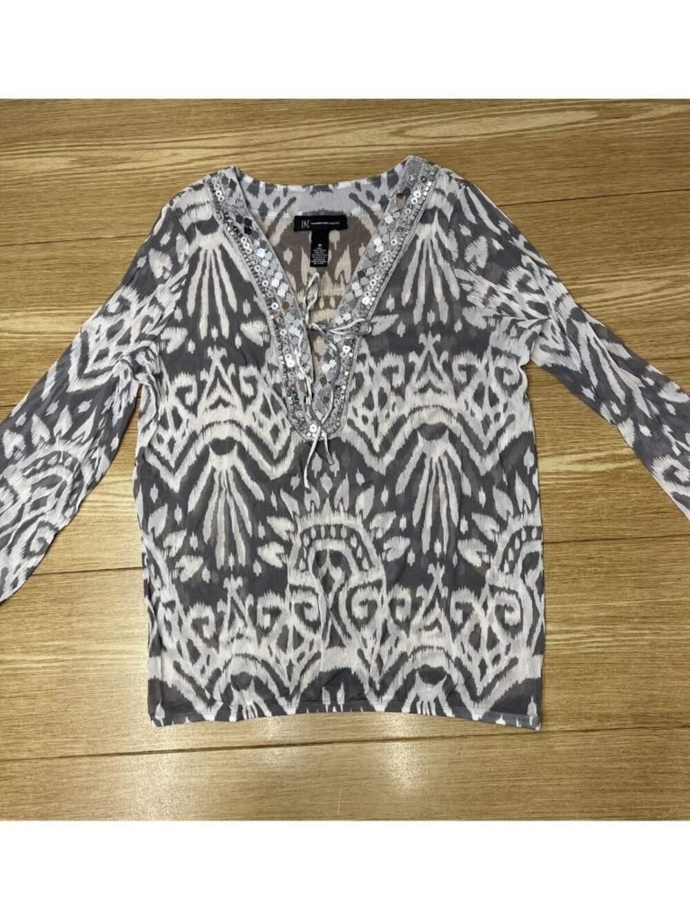 Sheer Blouse Womens V-Neck Printed Sequins Top INC International Concepts Size M